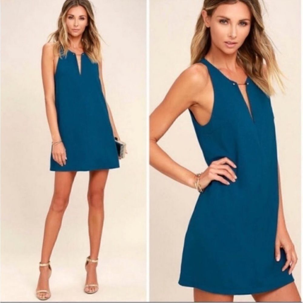 Lulu’s Royal Blue Shift Mini Dress Barbell plunging Neckline Size Small